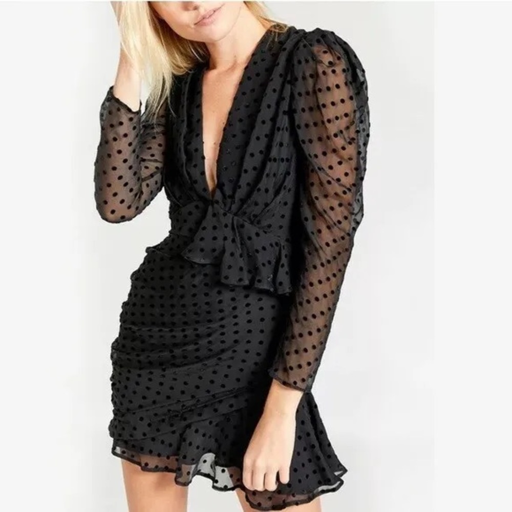 NWT IRO Flocked Silk Puff Sleeve Asymmetrical Ruffled Dress LBD Size 34 - Picture 5 of 16